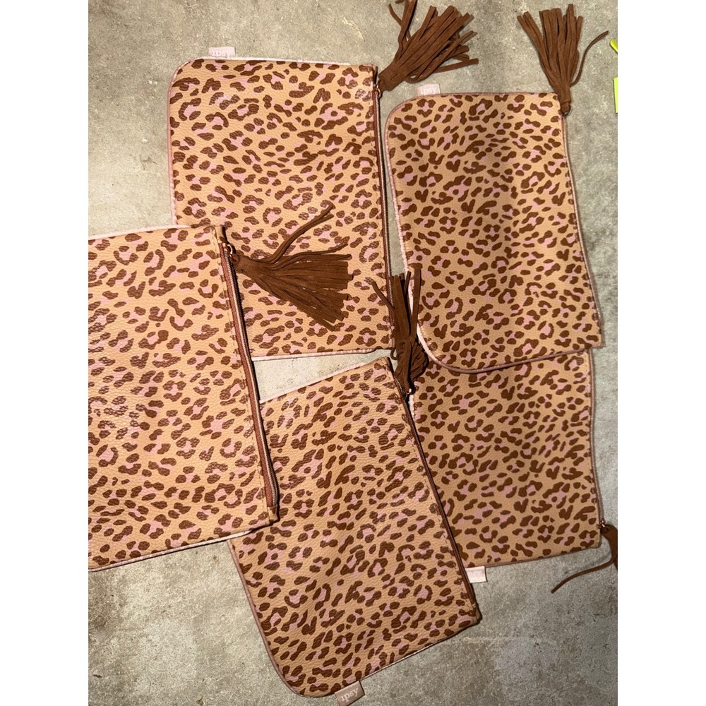 Ipsy Leopard Print Makeup Bags Brown Pink‎ Tassel Zipper Pouches Travel